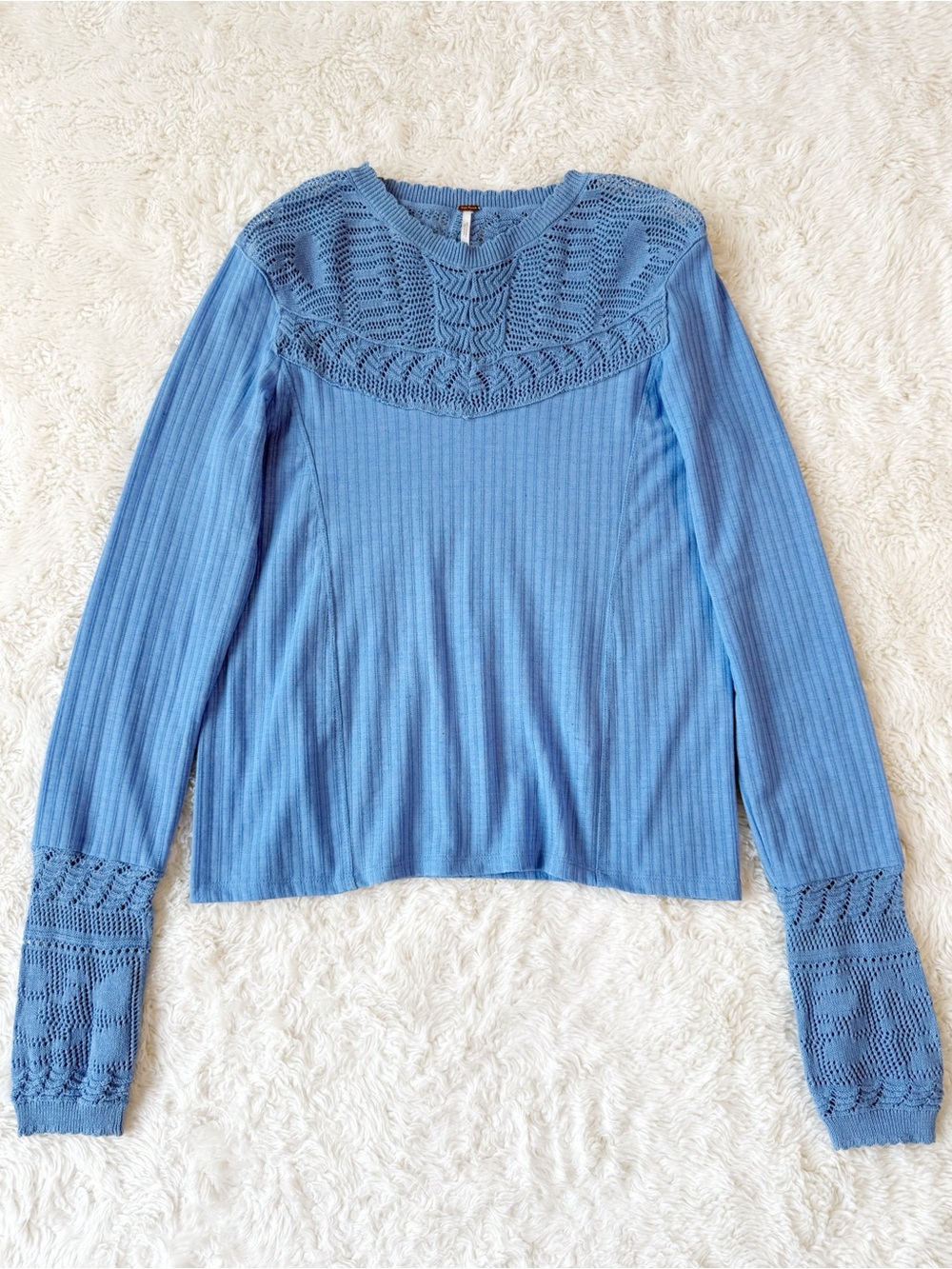 Free People Woman Blue Ribbed Embroidered Lace Long Sleeve Top MEDIUM Boho Folk